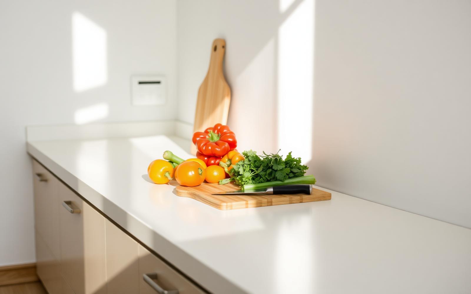 Modern kitchen counter with fresh vegetables and a bamboo cutting board